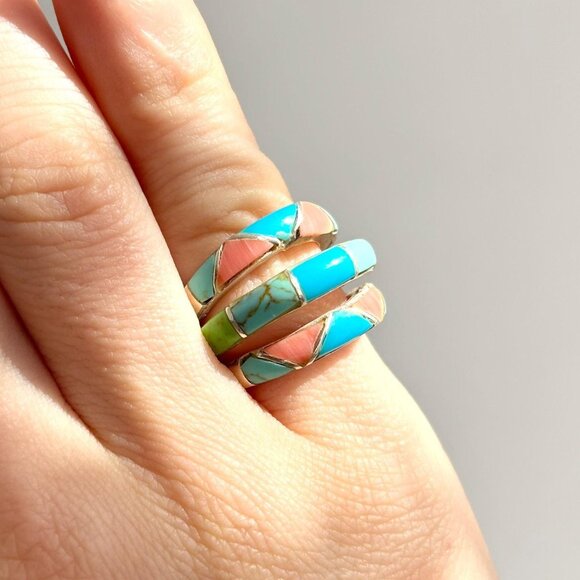 Navajo Style Turquoise & Coral Inlay Shank Vintage Unisex Ring - sz 5 - Picture 6 of 10